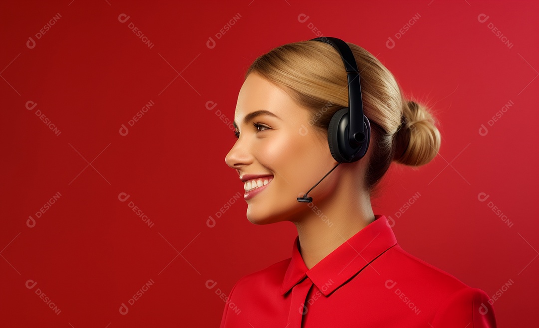 Linda mulher atendente em fundo vermelho