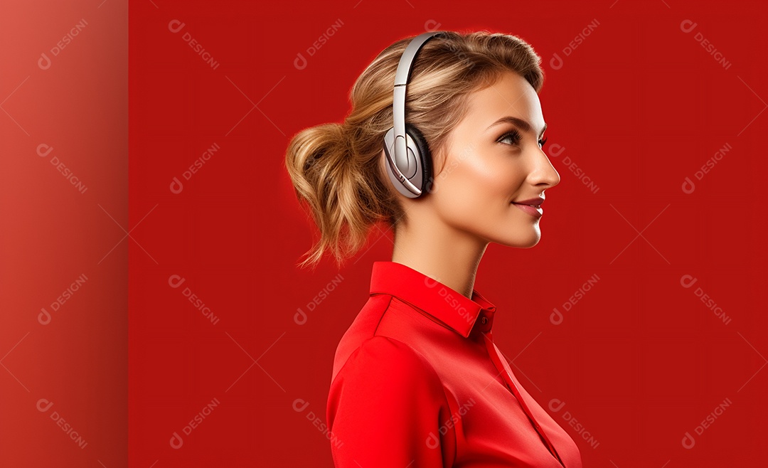 Linda mulher atendente em fundo vermelho