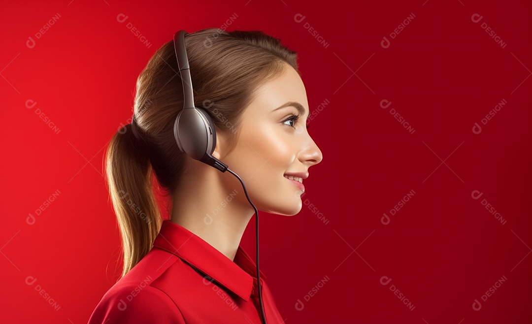 Linda mulher atendente em fundo vermelho