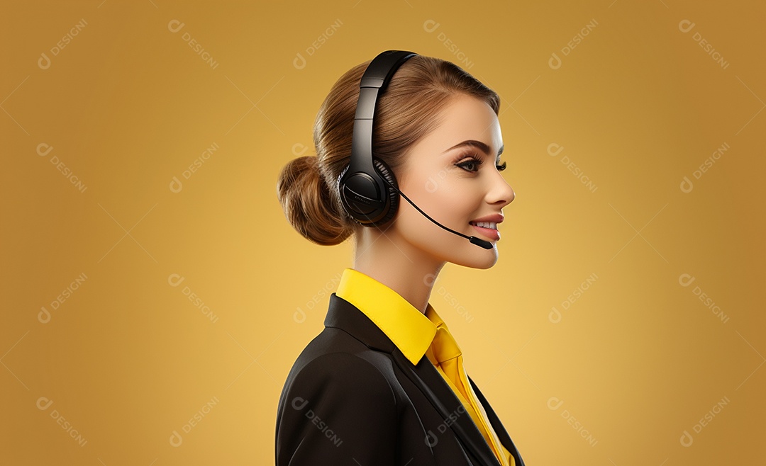 Linda mulher atendente em fundo amarelo