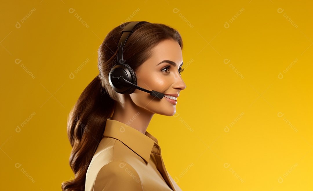 Linda mulher atendente em fundo amarelo