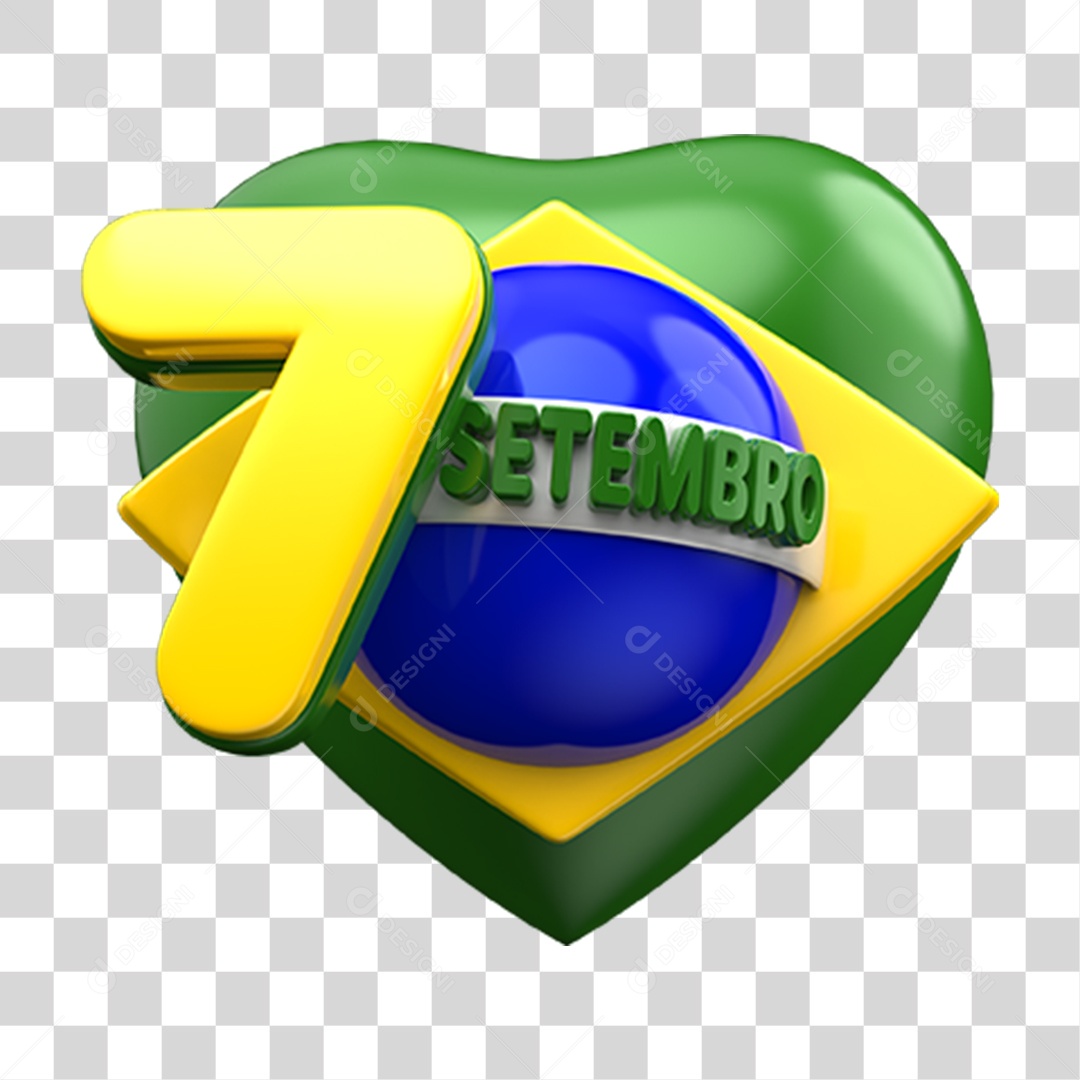 Elemento 3D Emoji Coração 7 de Setembro Bandeira do Brasil PNG Transparente