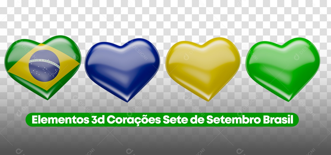 Elementos 3D Corações Sete de Setembro Brasil Social Media PSD Editável