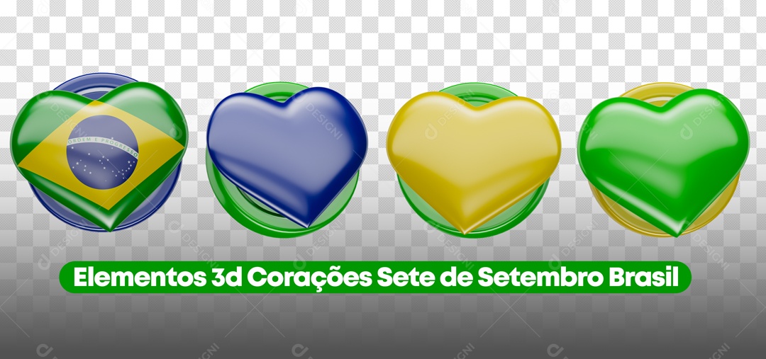 Elementos 3D Corações Sete de Setembro Brasil Social Media PSD Editável