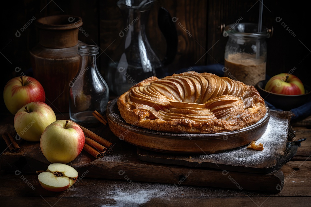 Torta de maçã caseira, apetitosa e rústica.