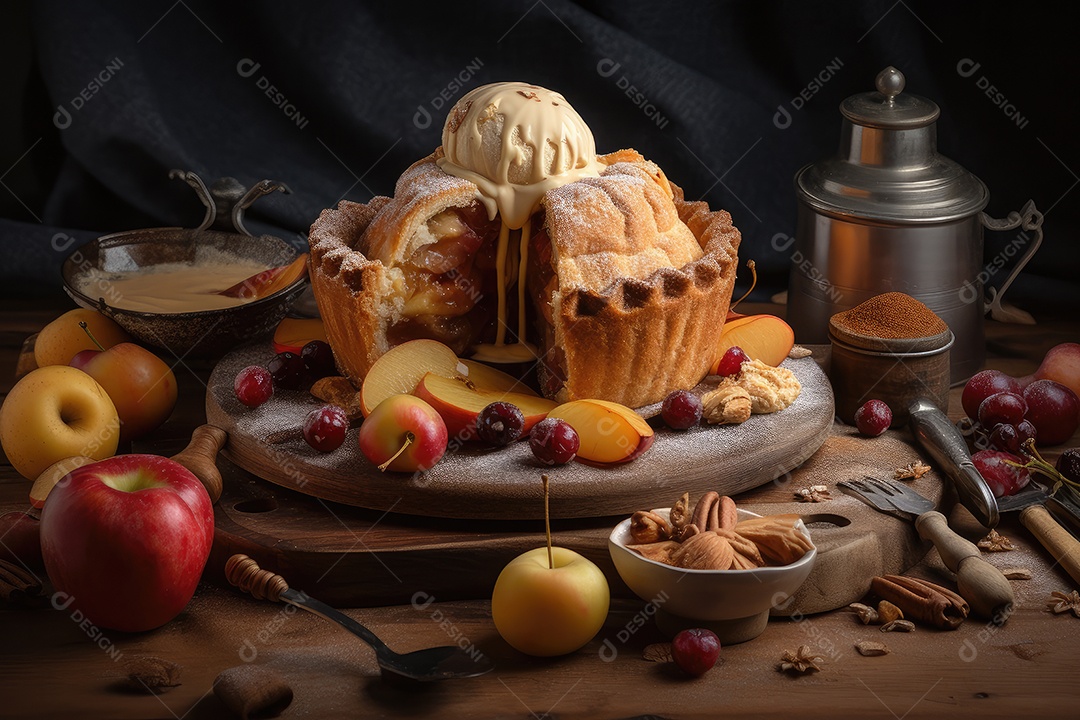Torta de maçã caseira, apetitosa e rústica.