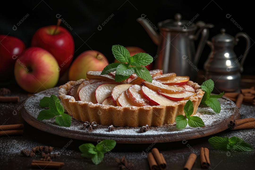 Torta de maçã caseira, apetitosa e rústica.