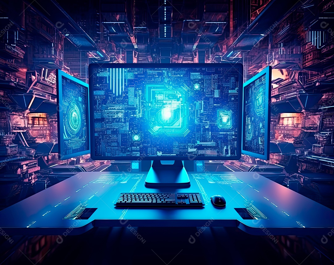 Monitor de computador 3D no interior futurista com luzes, no estilo de montagem do mapa5