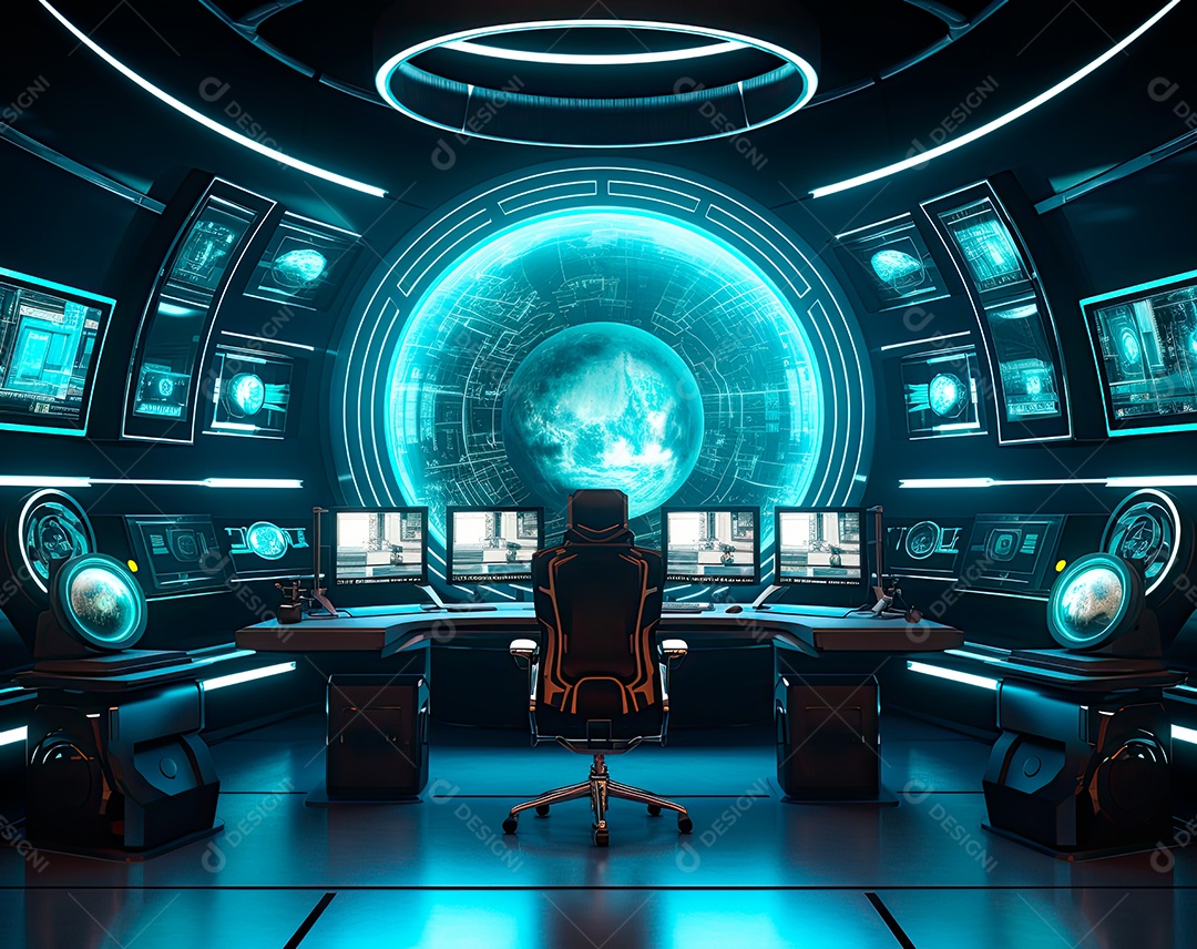 Monitor de computador 3D no interior futurista com luzes, no estilo de montagem do mapa13