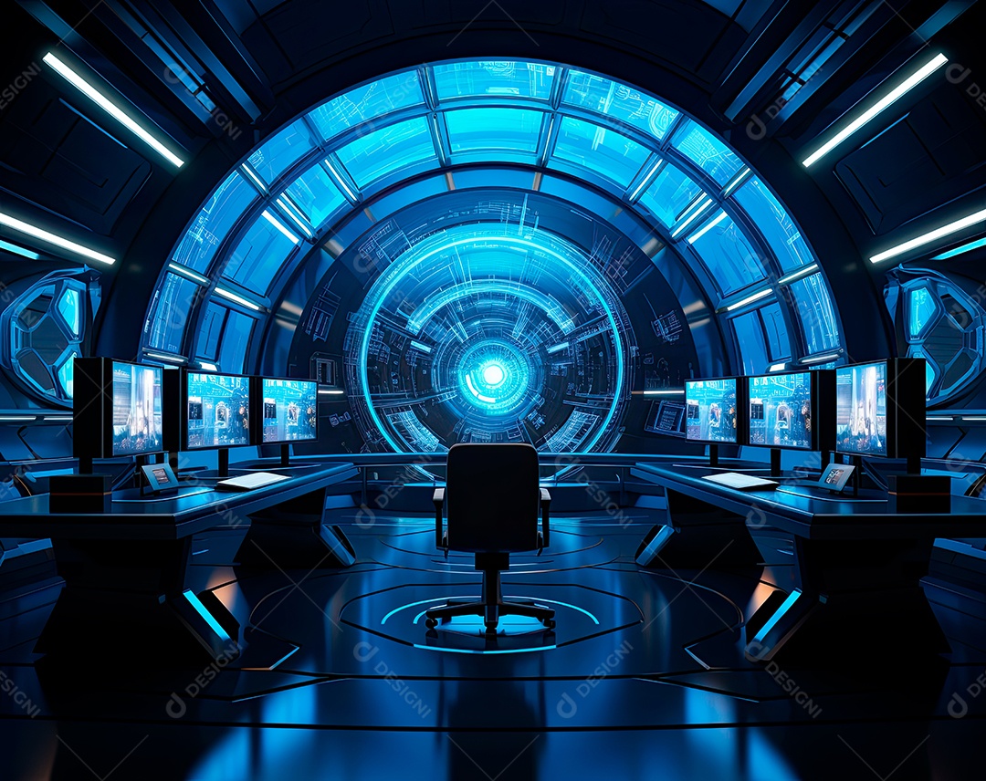 Monitor de computador 3D no interior futurista com luzes, no estilo de montagem do mapa