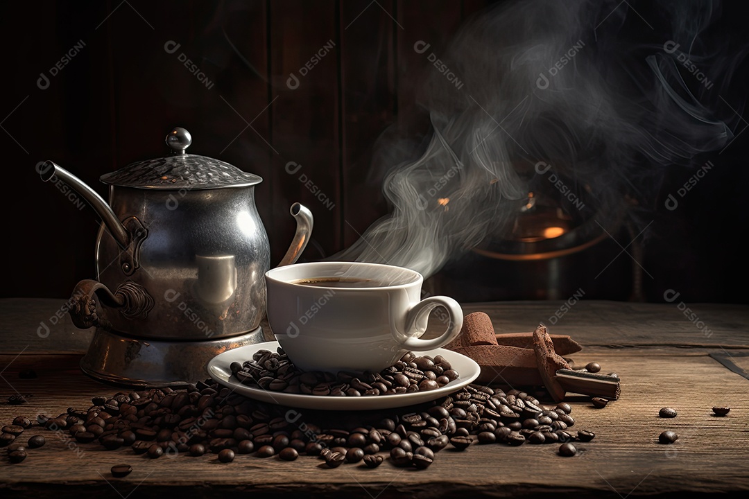 Café quente na mesa com feijão fresco ao redor.