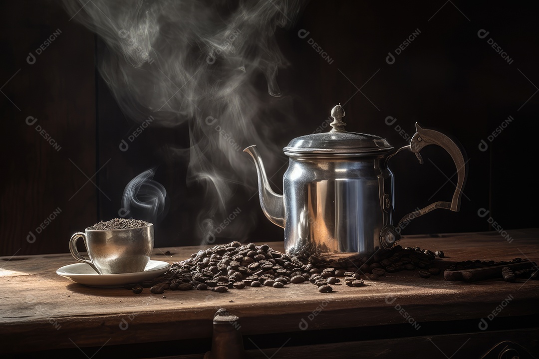 Café quente na mesa com feijão fresco ao redor.