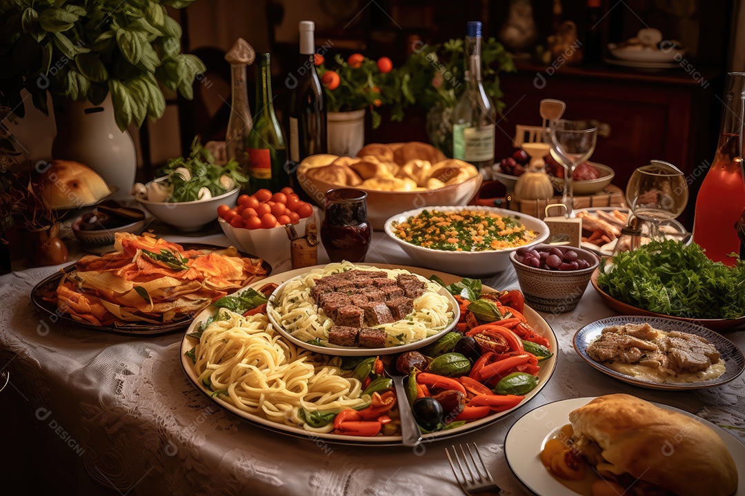 Banquete gastronómico com suculentas carnes, legumes e massas, harmonizado com vinhos.