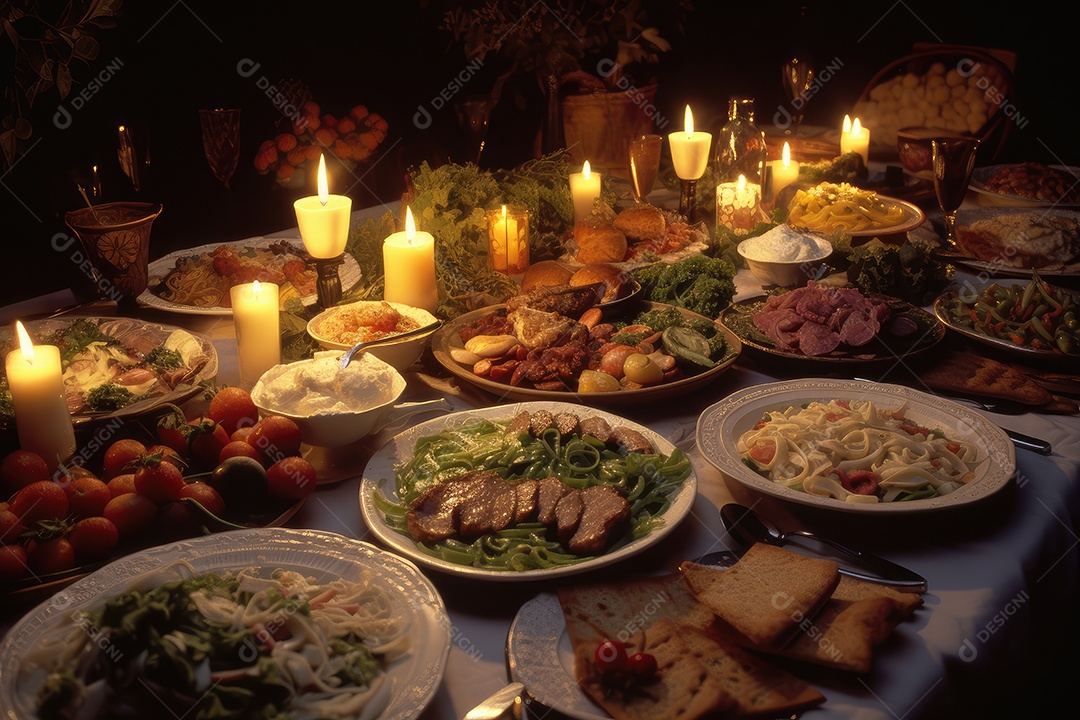 Banquete gastronómico com suculentas carnes, legumes e massas, harmonizado com vinhos.