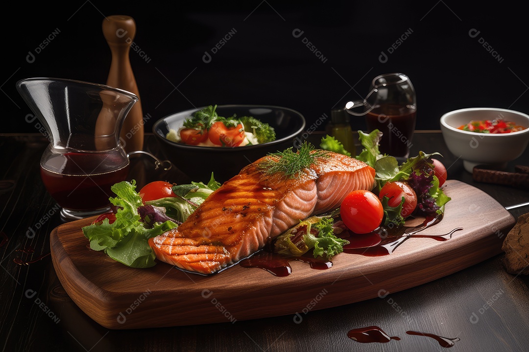 Festa gastronômica salmão grelhado, vegetais e salada fresca.