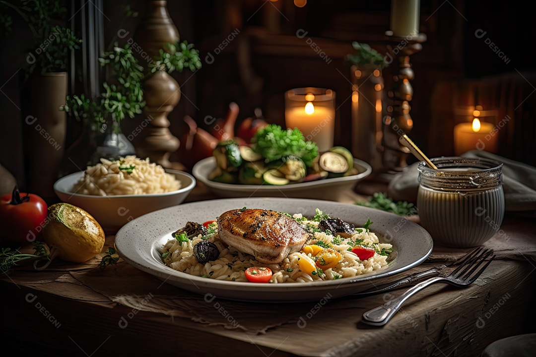 Festo delicioso com risoto, cogumelos e frango grelhado.