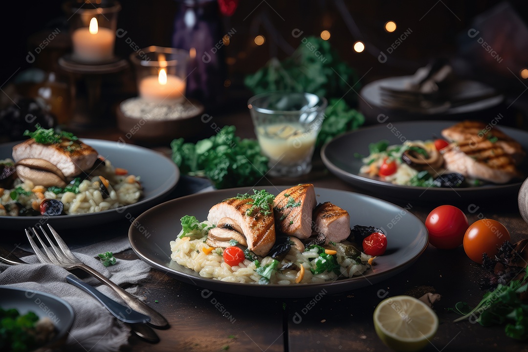 Festo delicioso com risoto, cogumelos e frango grelhado.