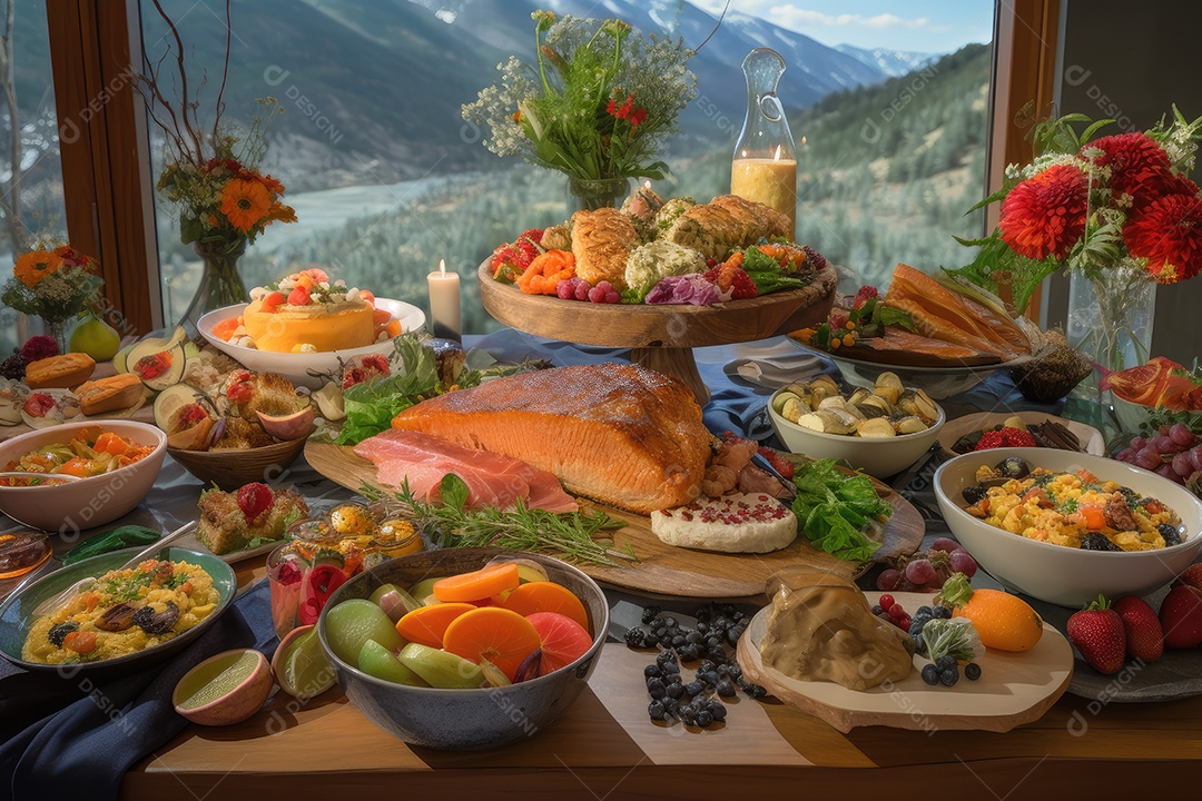 Festo suculento com salmão, legumes, batatas, gratinados e saladas coloridas.