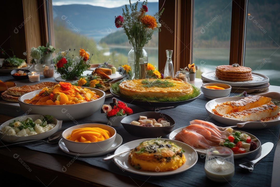 Festo suculento com salmão, legumes, batatas, gratinados e saladas coloridas.