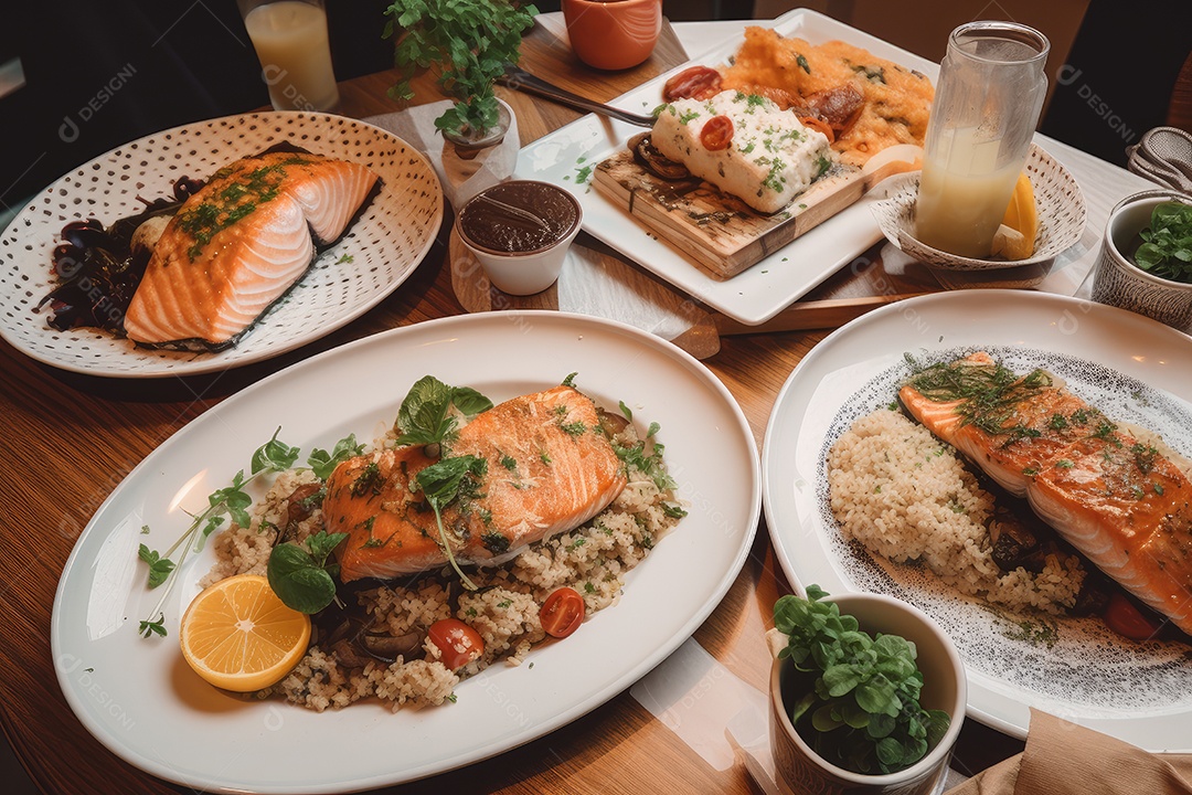 Mesa abundante salmão grelhado, risoto de cogumelos e salada fresca.