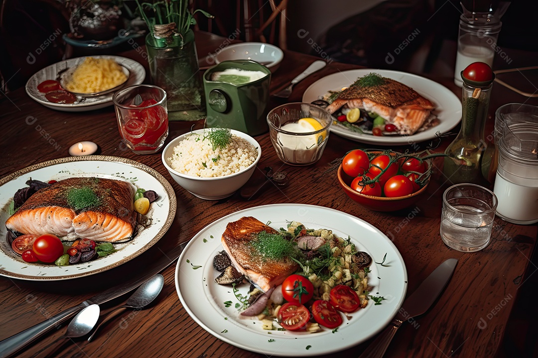 Mesa abundante salmão grelhado, risoto de cogumelos e salada fresca.