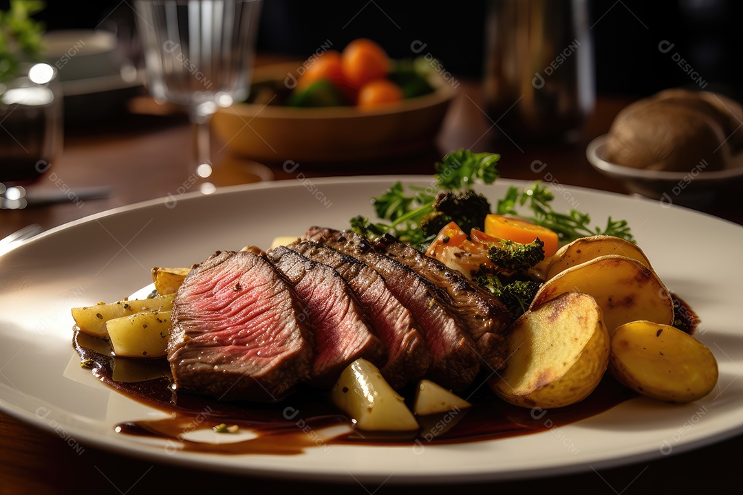 Bife suculento com batatas e legumes frescos.
