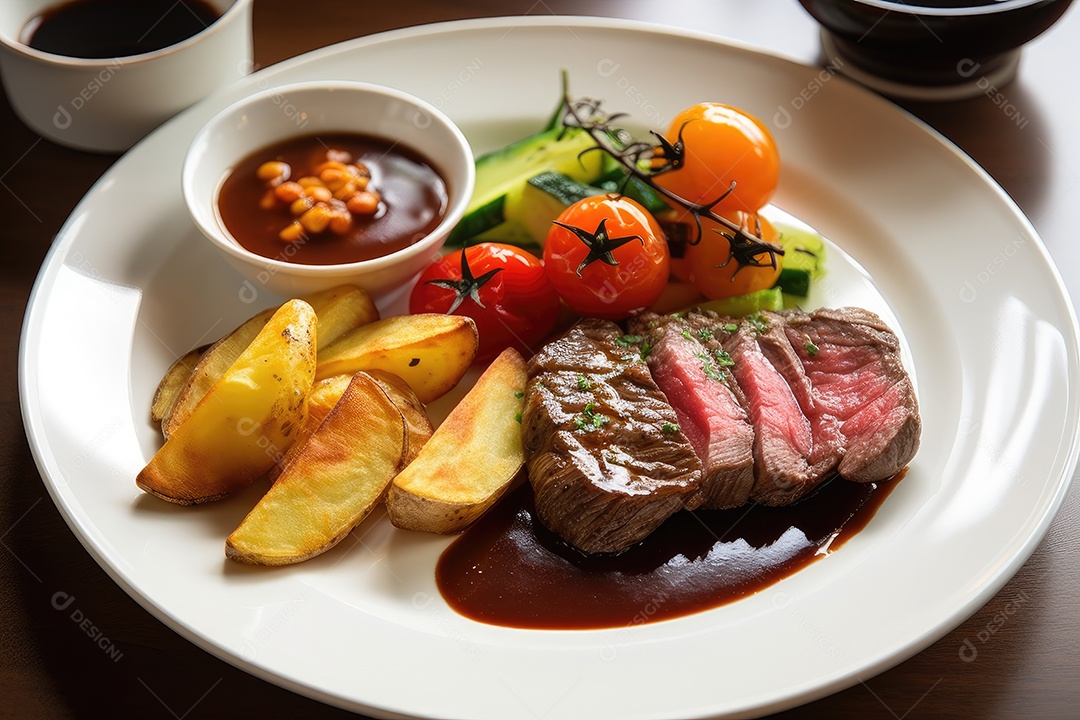 Bife suculento com batatas e legumes frescos.