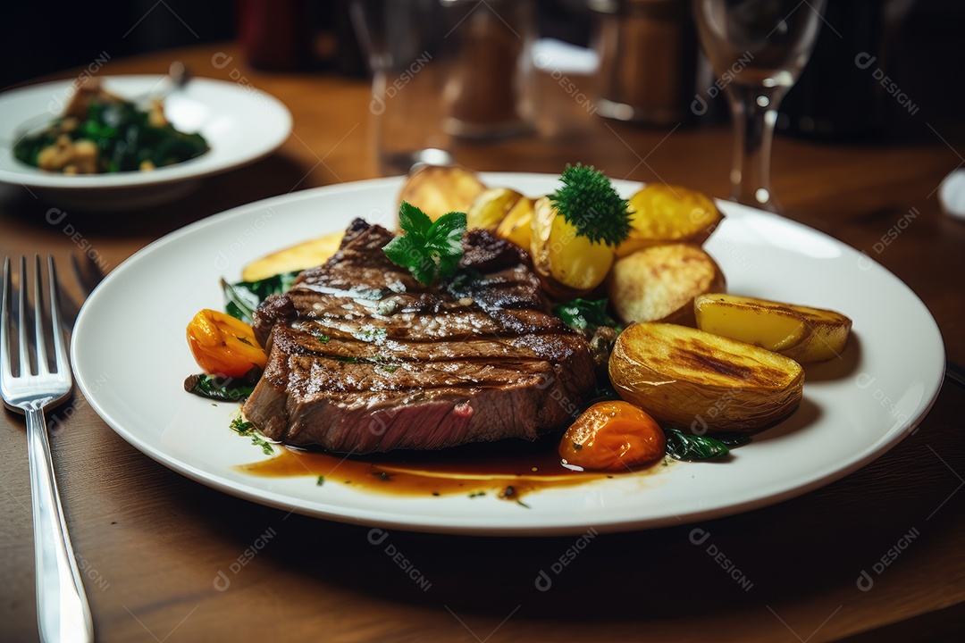 Bife suculento com batatas e legumes frescos.