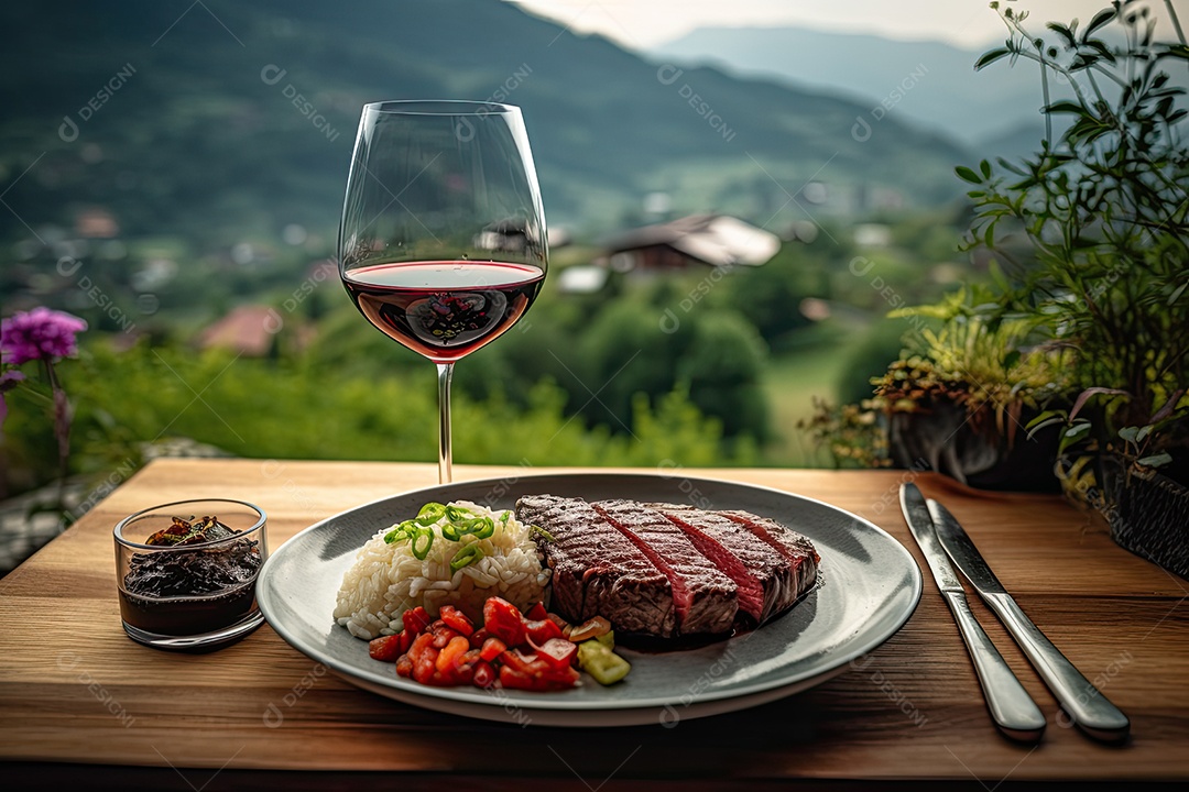 Cena gastronômica bife suculento com legumes, arroz e vinho em um restaurante rústico.