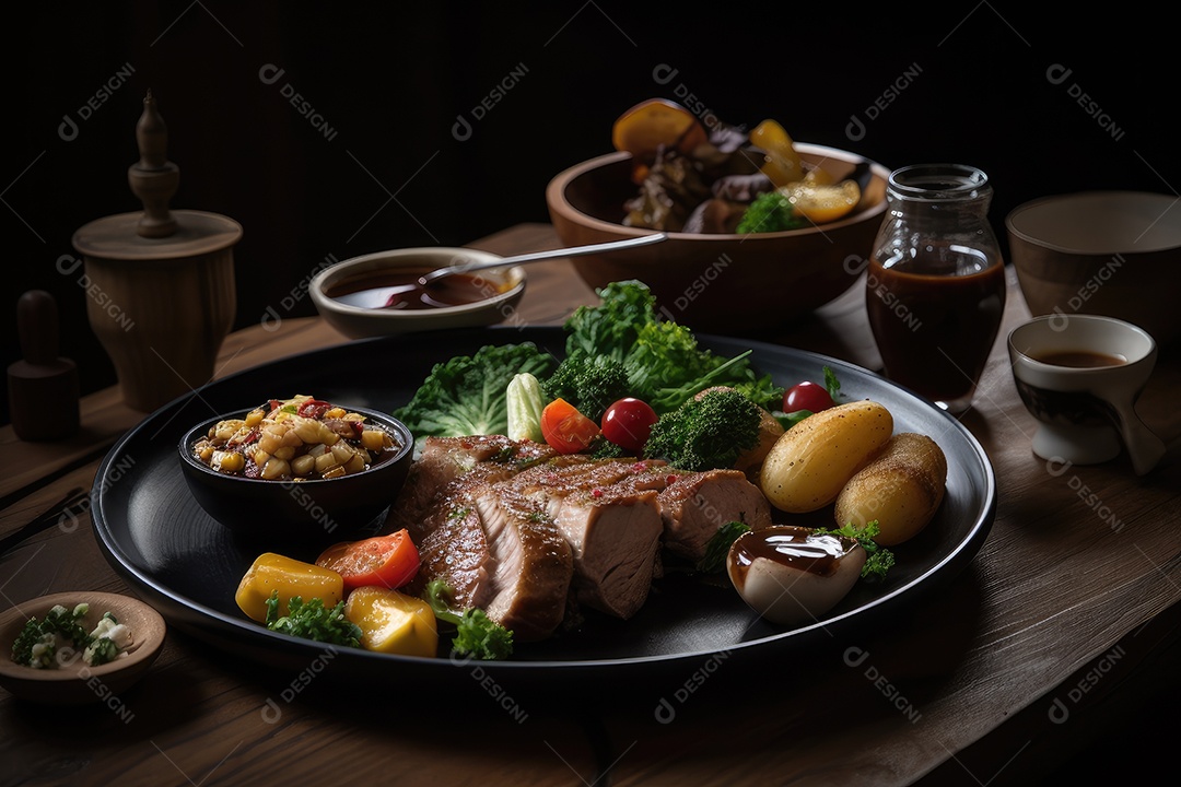 Costela de vidro suculento, cercado por acompanhamentos coloridos em uma mesa rústica.