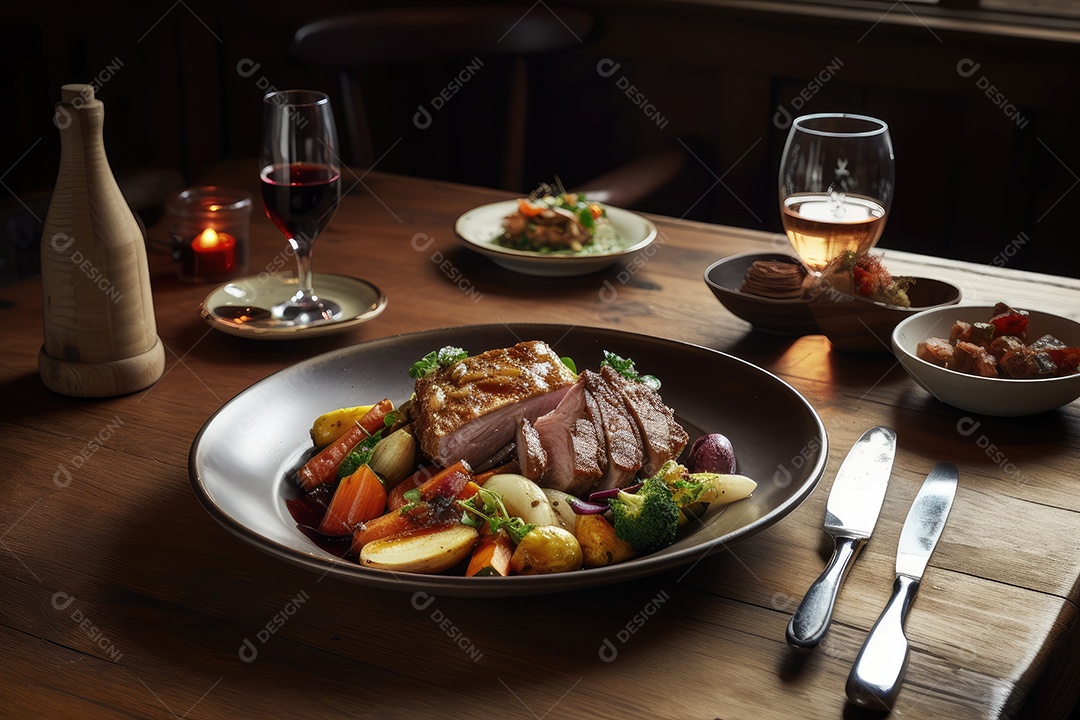 Costela de vidro suculento, cercado por acompanhamentos coloridos em uma mesa rústica.