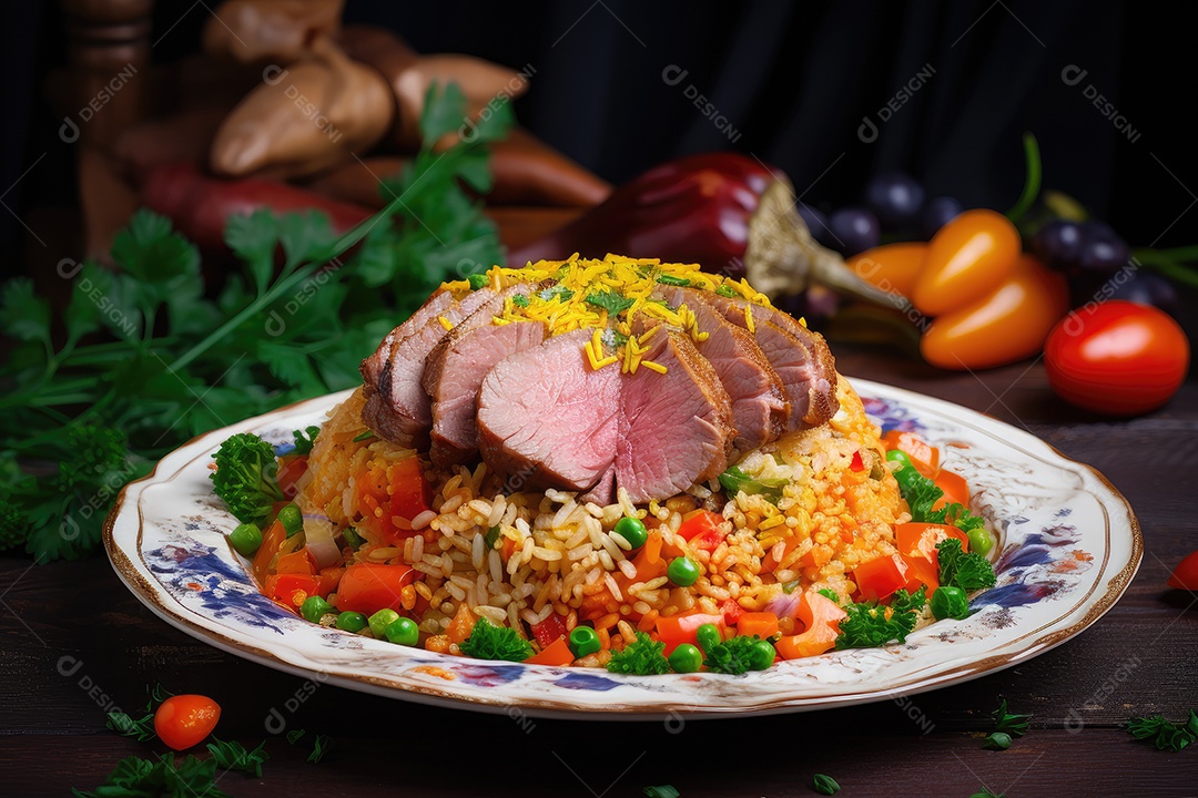 Delicioso prato de carne e legumes coloridos.