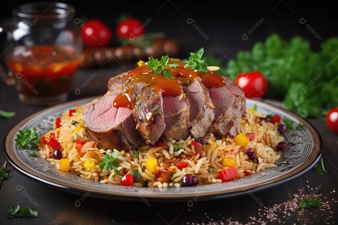 Delicioso prato de carne e legumes coloridos.