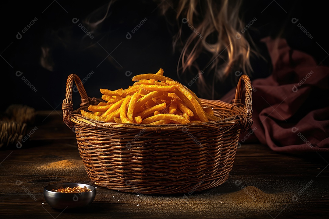 Batatas douradas suculentas em uma cesta de vime