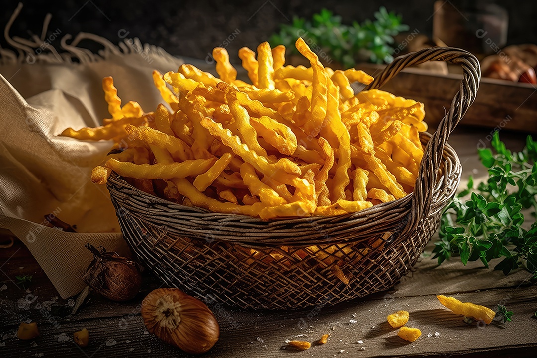 Batatas douradas suculentas em uma cesta de vime