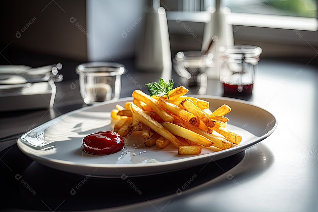 Batatas fritas crocantes e douradas, servidas com ketchup. Delicioso!