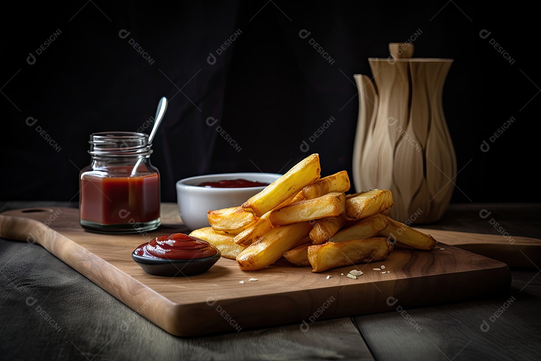 Deliciosas batatas fritas com ketchup, tentação dourada.