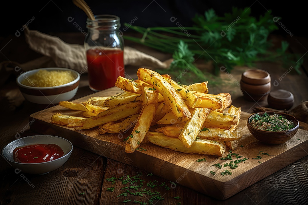 Deliciosas batatas fritas com ketchup, tentação dourada.
