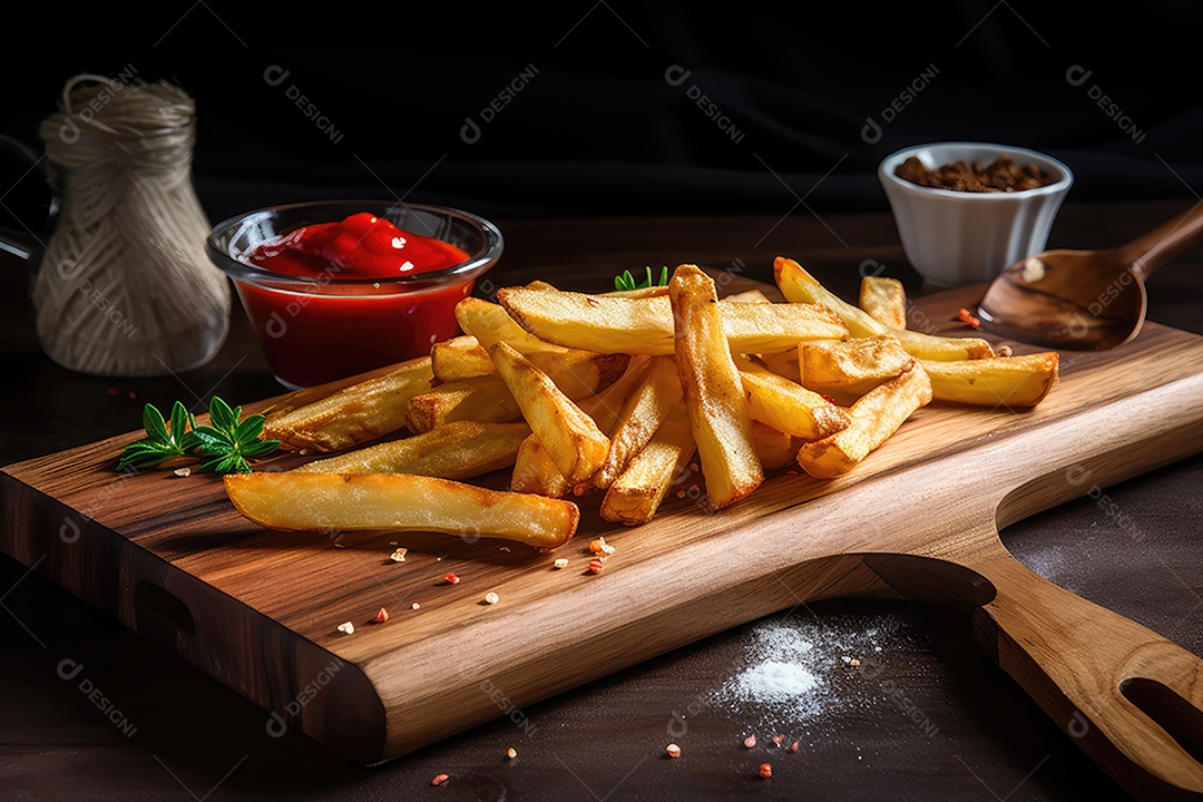 Deliciosas batatas fritas com ketchup, tentação dourada.