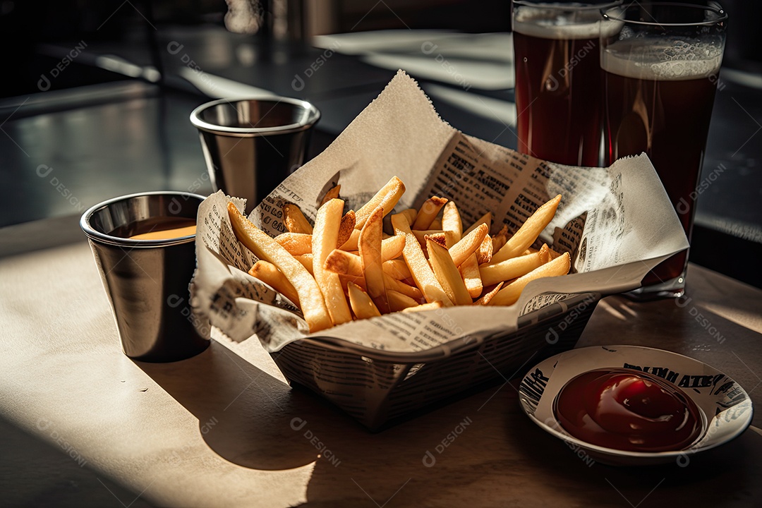 Deliciosas batatas fritas douradas crocantes com acompanhamentos.