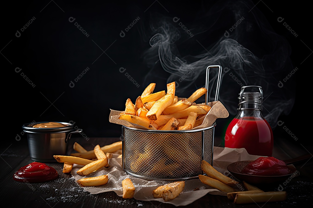 Montanha de batatas fritas douradas crocantes. Ketchup e maionese ao lado. Delicioso!