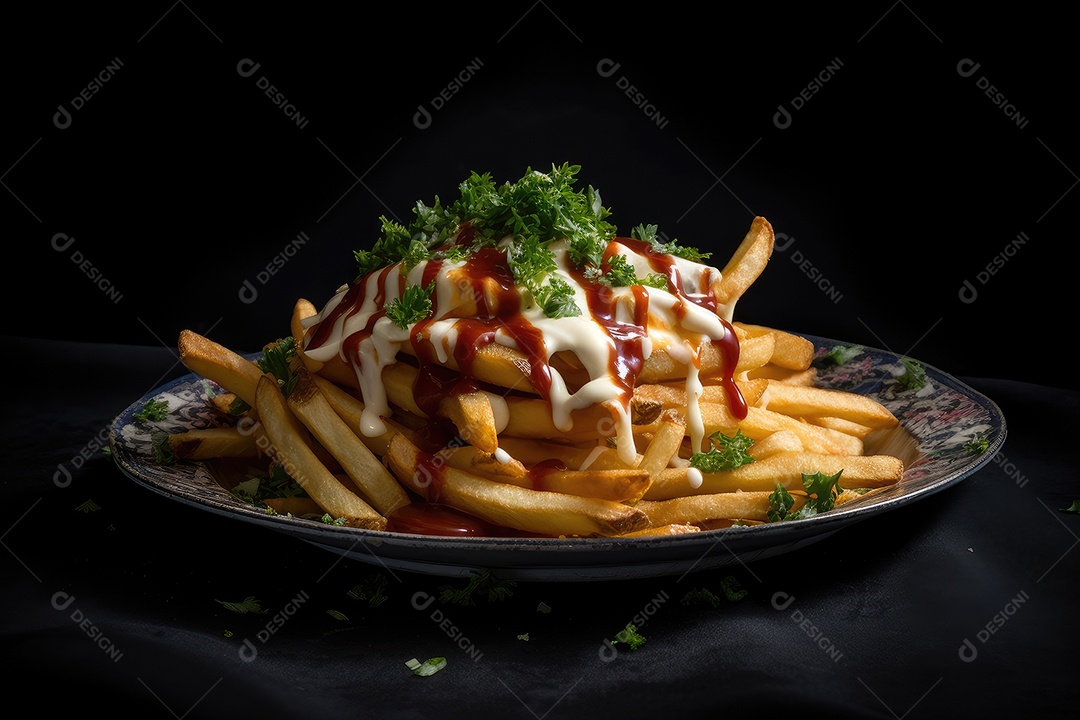 Montanha dourada de batatas fritas, vidro gelado ao lado.
