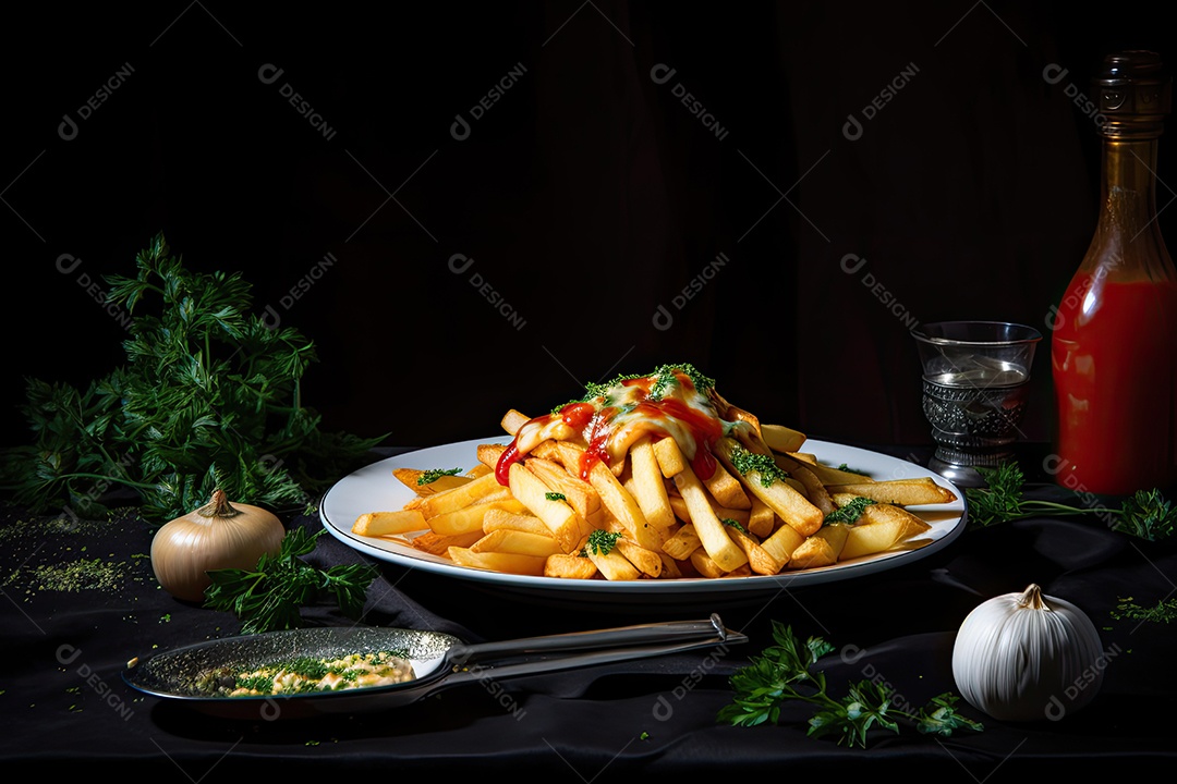 Montanha dourada de batatas fritas, vidro gelado ao lado.
