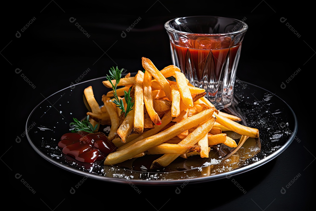 Montanha dourada de batatas fritas, vidro gelado ao lado.