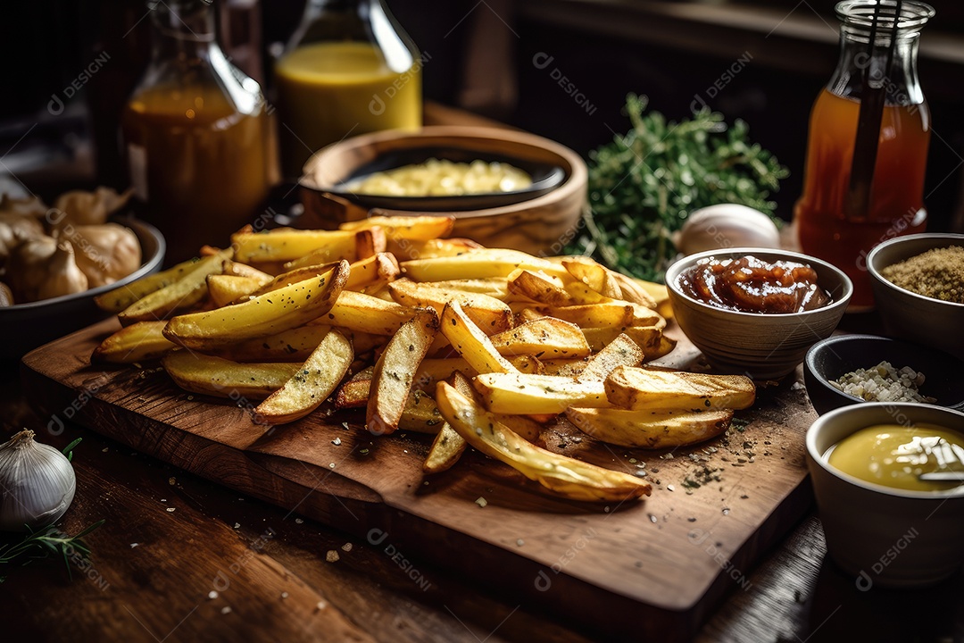 Monte de batata frita com molhos variados.