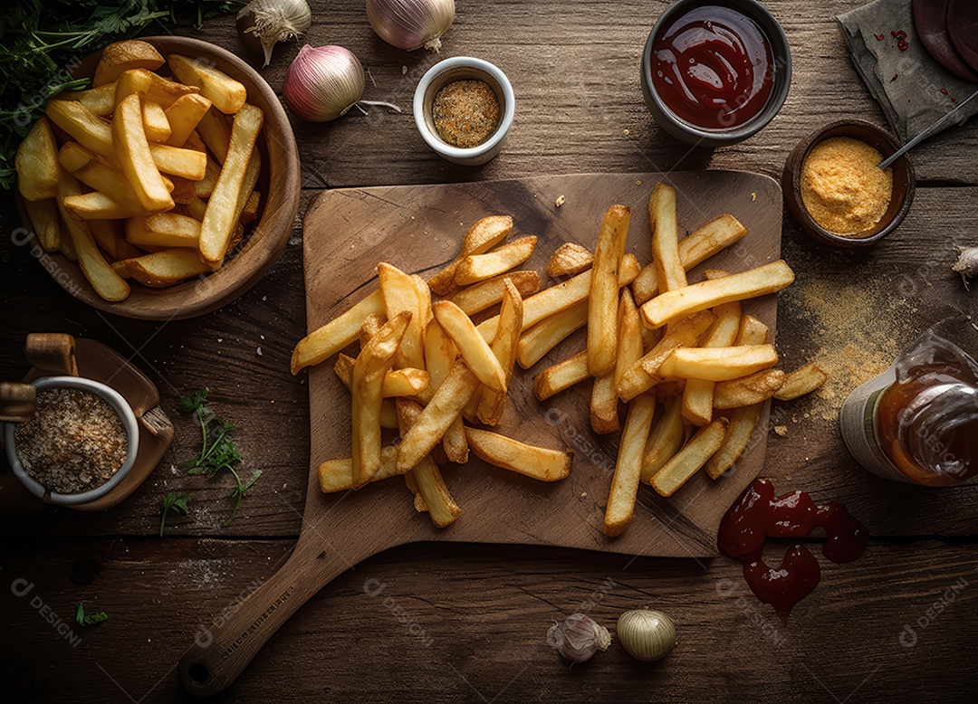 Monte de batata frita com molhos variados.