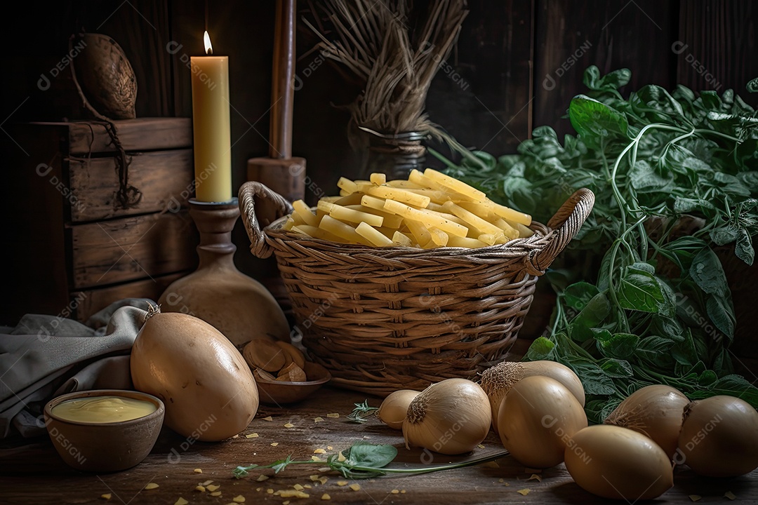 Batatas douradas crocantes com molho cremoso.