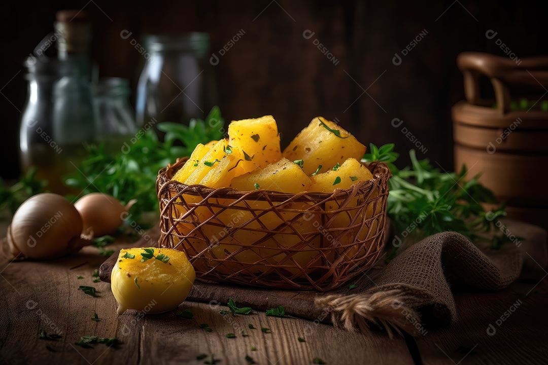 Batatas douradas crocantes com molho cremoso.