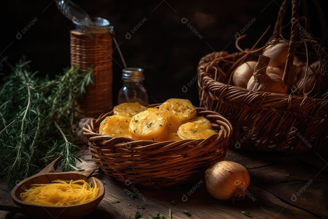 Batatas douradas crocantes com molho cremoso.