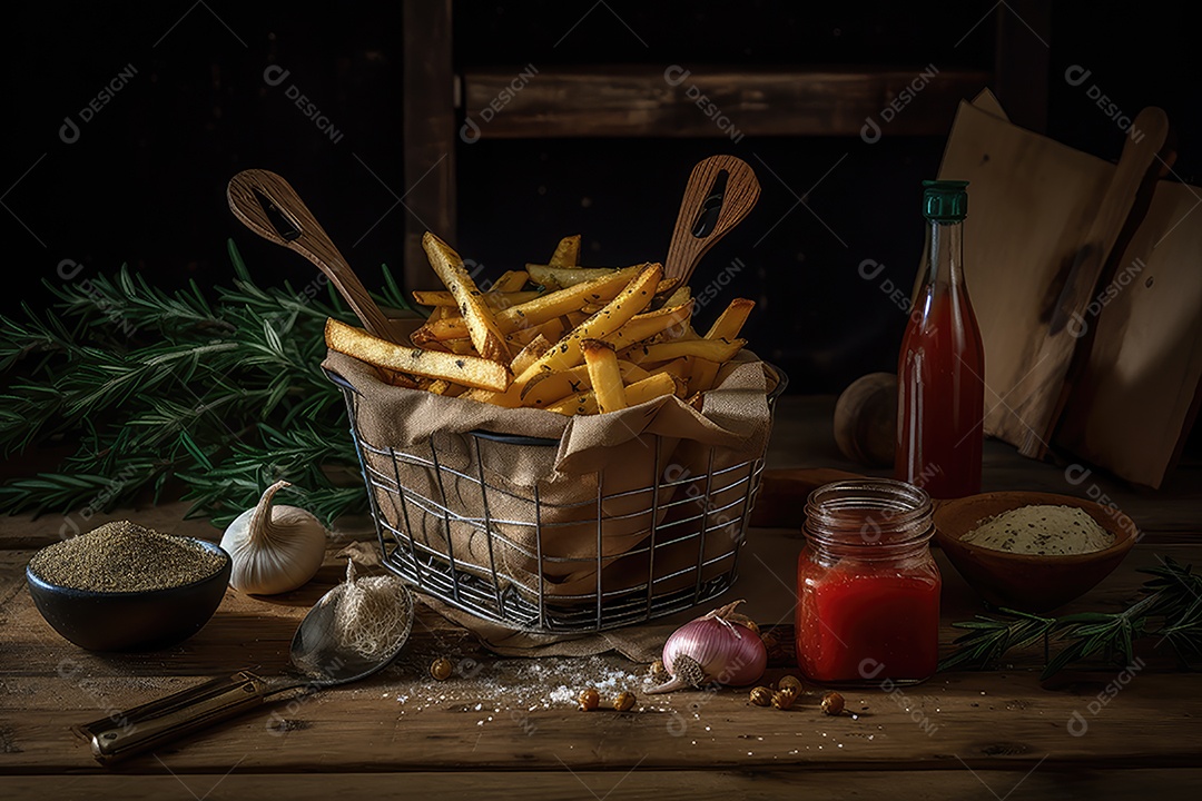 Batatas douradas crocantes tentadoras com molhos.